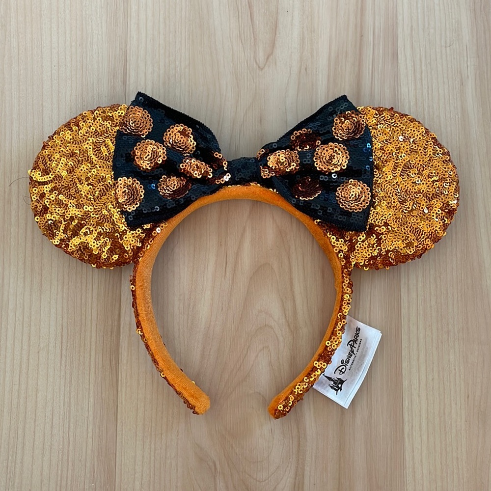 Disney Parks Minnie Mouse Halloween Orange Black Sequin Polka Dot Bow Headband